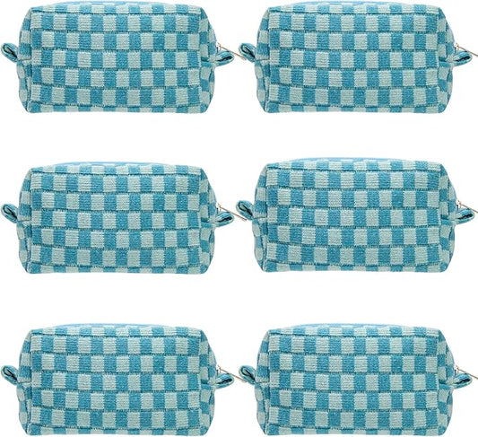 PAZIMIIK Checkered Makeup Bag for Purse Portable Zipper Make Up Pouch Small Cosmetic Case for Travel Accessories (6PCS Lake Blue)