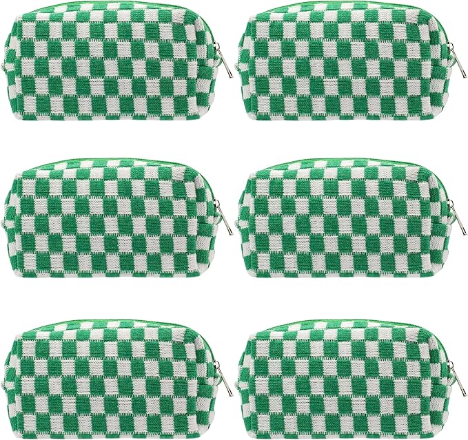 PAZIMIIK Checkered Makeup Bag for Purse Portable Zipper Make Up Pouch Small Cosmetic Case for Travel Accessories (6PCS Green)