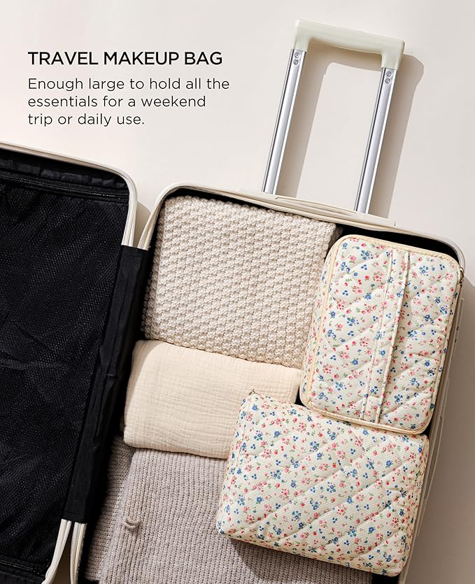 HBselect 2Pcs Travel Makeup Bag, Large Cotton Quilted Makeup Bag Cosmetic Bag Cute Make up Bag Toiletry Bags for Women Girls