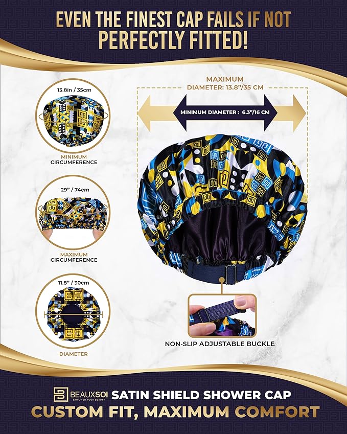 Luxury Reusable Waterproof Shower Cap for Women - Satin Lined, Adjustable - Keeps Hair Dry, Durable Hair Bonnet by BEAUXSOI (African Majesty)