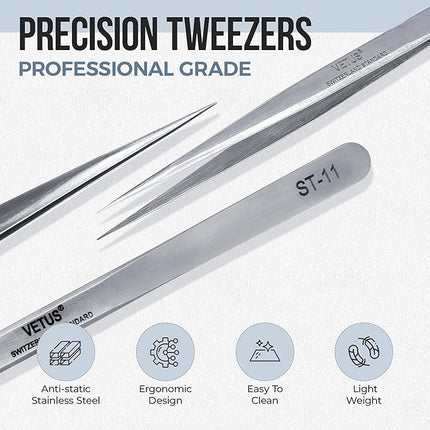 LASHVIEW Lash Tweezer, Vetus Straight Pointed Eyelash Tweezers for Profissional Grafting Eyelash Extension, Stainless Steel Needle Nose Tweezers for Lash Extension Stickers Precision Electronics, ST11