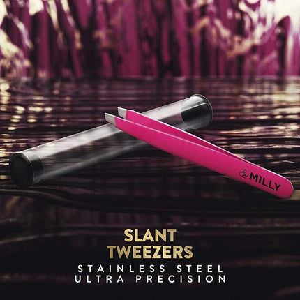 Professional Slanted Tweezers for Women and Men | High Carbon Stainless Steel Sharp Tweezer | Tweezers for Women Facial Hair Plucking, Hand-Filed & Aligned Precision Slant Tips - Pink
