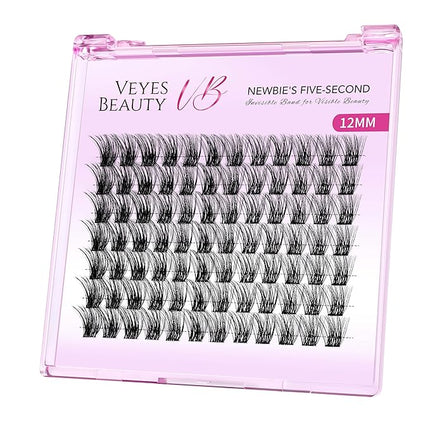 VEYESBEAUTY Lash Clusters Individual Eyelash Extensions Thin & Invisible Band DIY False Eyelashes for Self-application Newbie's Five-Second Series Wispy Lash Tray, Bomb 12mm Single Length