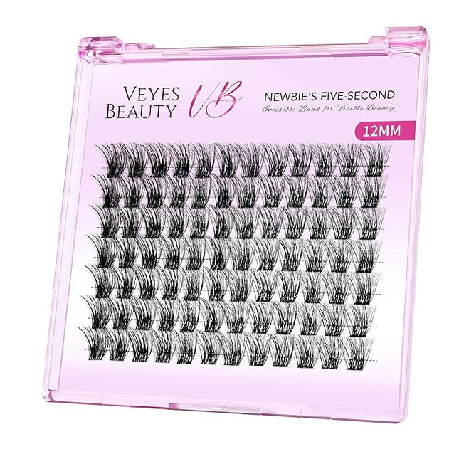 VEYESBEAUTY Lash Clusters Individual Eyelash Extensions Thin & Invisible Band DIY False Eyelashes for Self-application Newbie's Five-Second Series Wispy Lash Tray, Bomb 12mm Single Length