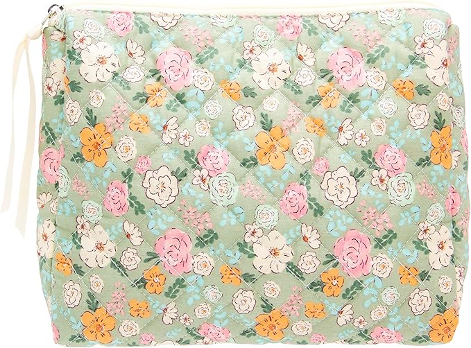 PAZIMIIK Quilted Makeup Bag Large Travel Zipper Soft Cosmetic Pouch for Women Girls Make Up,Green Flower