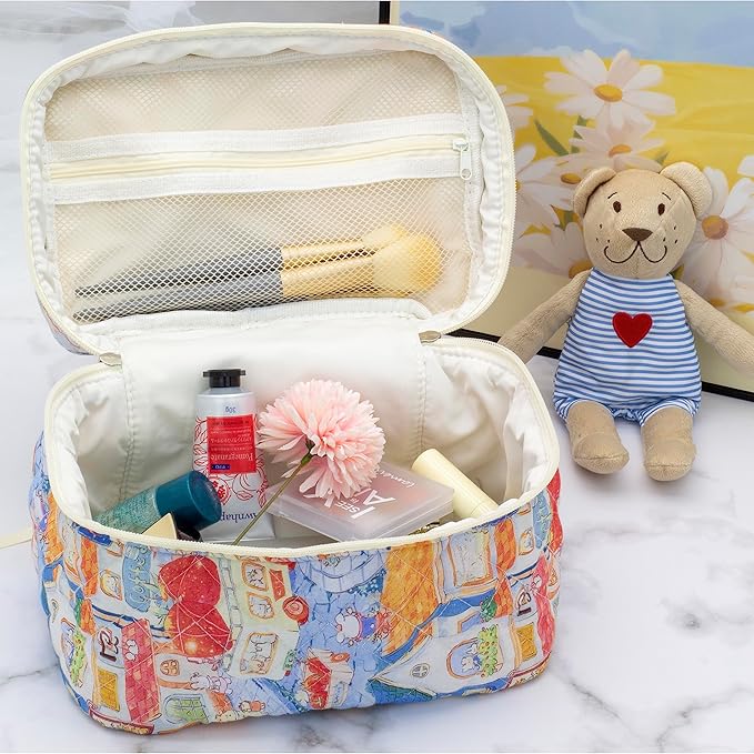 PAZIMIIK 3PCS Makeup Bag SET Large Travel Quilted Zipper Soft Cosmetic Case Pouch for Women Girls Make Up,Little Bunny