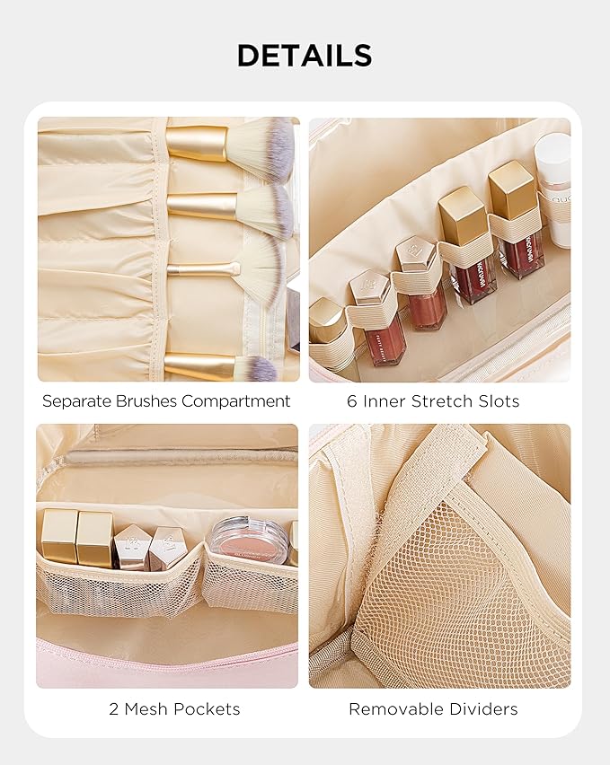 Makeup Bag for Women XL-Large Travel Makeup Bag Organizer Portable Toiletry Bag Cute Makeup Bags Waterproof Leather Cosmetic Bag Makeup Case with Removable Dividers, Pink