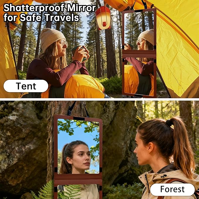 33“ x 13” Foldable Travel Mirror, Hanging Shatterproof Full Length Mirror for Makeup, Camping, RV Travel, Dorm Room, Portable Dance Practice Mirrors - Brown