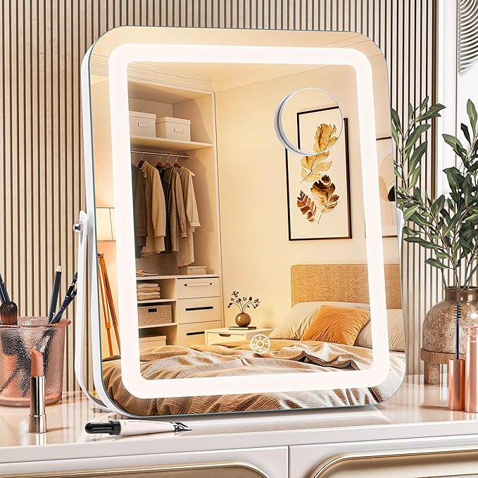 MINISO Vanity Mirror with Lights, 10" x 12" LED Makeup Mirror, Light & Brightness Adjustment, Smart Sensor, 360°Rotation, Aluminum Alloy Metal White Frame, with 5X Magnifying Glass