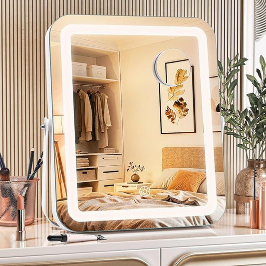 MINISO Vanity Mirror with Lights, 10" x 12" LED Makeup Mirror, Light & Brightness Adjustment, Smart Sensor, 360°Rotation, Aluminum Alloy Metal White Frame, with 5X Magnifying Glass