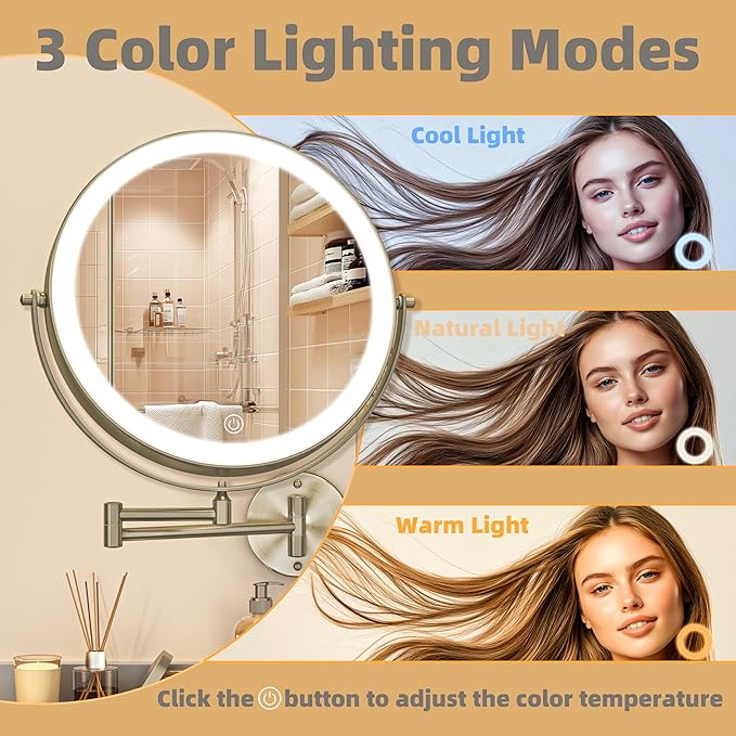 8.5" Wall Mounted Makeup Mirror with Light, 2000mAh Rechargeable Double Sided 1X / 10X Magnifying Vanity Mirror, 3 Color Lights Touch Dimmable 360° Rotation Bathroom Mirror, Nickel