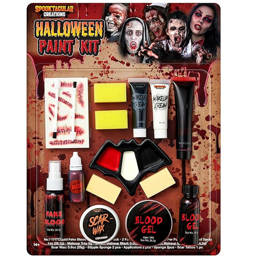 Spooktacular Creations 16 Pcs Halloween Family Makeup Kit Face Body Paint with Liquid Blood Gel, Fake Blood and More Easy On Makeup Set for Zombie Costume Cosplay Halloween Party Supplies