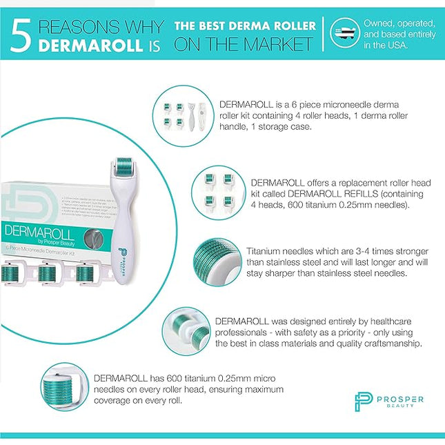 Derma Roller Microneedle 6 Piece Kit [DERMAROLL by Prosper Beauty] Face Roller with 4 Replaceable Heads Exfoliation Microdermabrasion Micro Derma Skin Care Tool Dermaplaning Microneedling