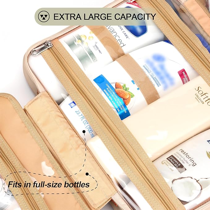 Travel Hanging Toiletry Bag for Women, Cruise Ship Essentials, with Jewelry Organizer, Extra Large Makeup Dopp Kit, Waterproof Cosmetic Bags, Toiletries Kit Set with Trolley Belt, Khaki