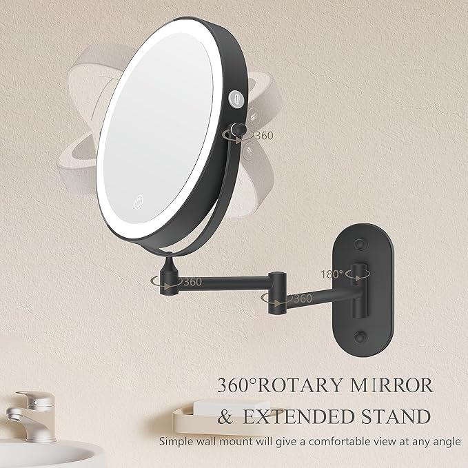 Rechargeable Wall Mounted Lighted Makeup Vanity Mirror 8 Inch Double Sided 1X 10X Magnifying Bathroom Mirror, 3 Color Lighting, Touch Screen Dimming, 360 Rotation Shaving Mirror