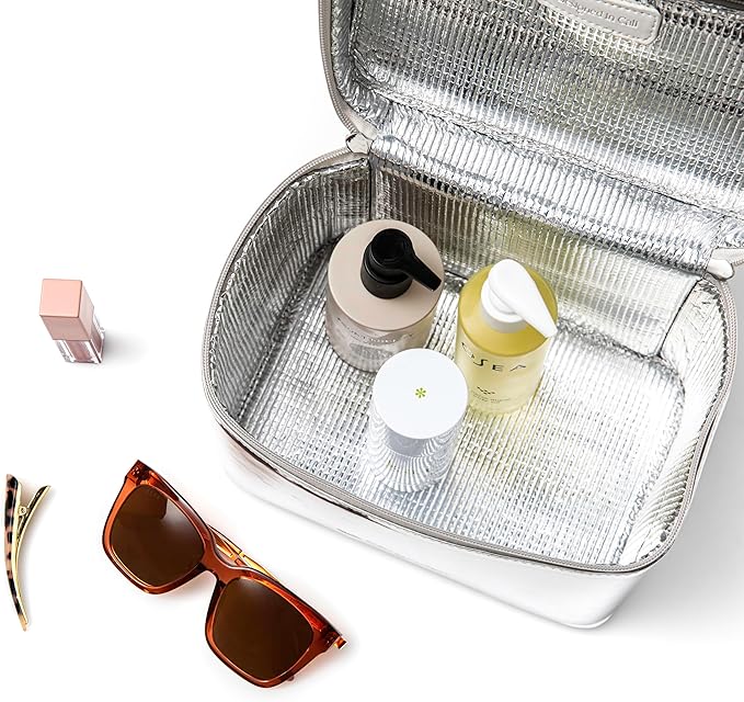 Large Insulated Metallic Silver Travel Makeup Case - Waterproof Vegan Leather Beauty Travel Skincare Bag - Heat-Resistant Zippered Designer Makeup Bag Shields Cosmetics from Melting, Freezing