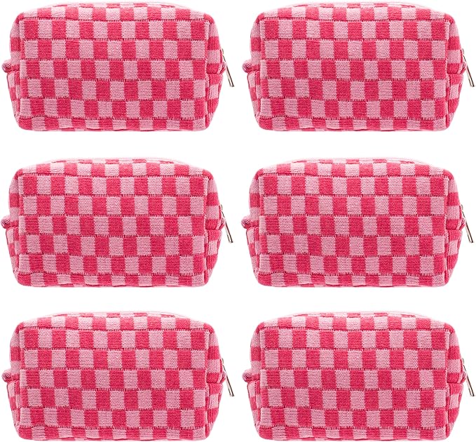 PAZIMIIK Checkered Makeup Bag for Purse Portable Zipper Make Up Pouch Small Cosmetic Case for Travel Accessories (6PCS Hotpink)