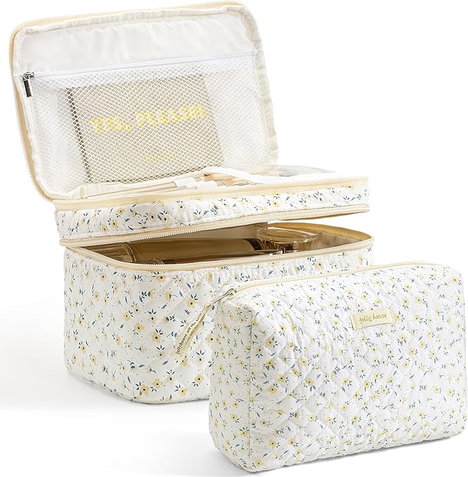 HBselect 2Pcs Travel Makeup Bag, Large Cotton Quilted Makeup Bag Cosmetic Bag Cute Make up Bag Toiletry Bags for Women Girls
