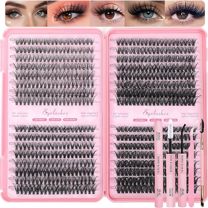 Lash Clusters Kit, 640 Pcs Eyelashes Clusters Extensions Kit 9-16mm Individual Lashes D Curl Fluffy Wispy False Eyelashes Thin Band with Bond Seal Tweezers Brush DIY (30D+40D+50D+60D Kit 9-16mm)