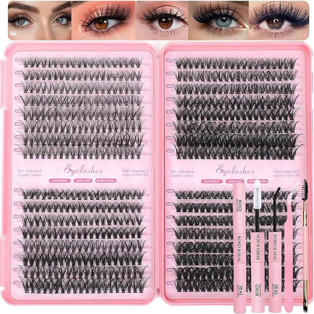 Lash Clusters Kit, 640 Pcs Eyelashes Clusters Extensions Kit 9-16mm Individual Lashes D Curl Fluffy Wispy False Eyelashes Thin Band with Bond Seal Tweezers Brush DIY (30D+40D+50D+60D Kit 9-16mm)