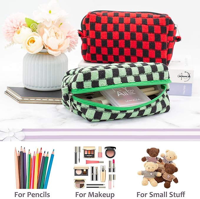 PAZIMIIK Checkered Makeup Bag for Purse Portable Zipper Make Up Pouch Small Cosmetic Case for Travel Accessories (Green Black)