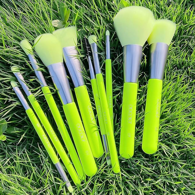 Docolor Makeup Brushes 10Pcs Makeup Brush Set Premium Synthetic Powder Kabuki Foundation Contour Blush Concealer Eye Shadow Blending Liner Make Up Brush Kit - Neon Green