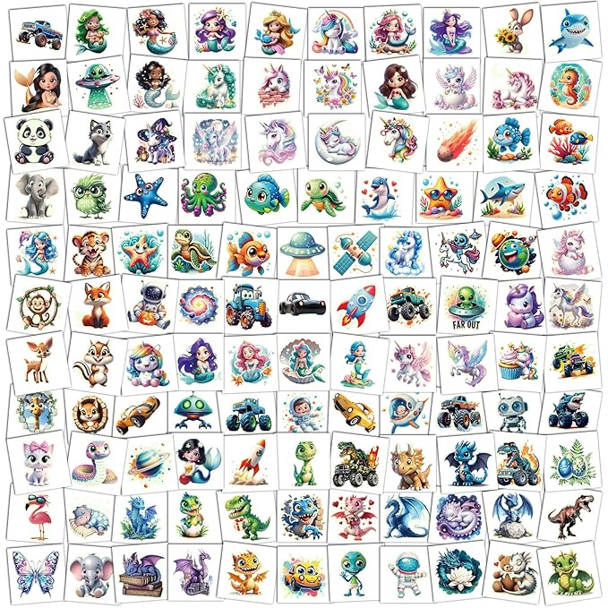 Glow in Dark 3D Temporary Tattoos for Kids, 117 Unicorn Mermaid Truck Dinosaur Space Cartoon Animal Waterproof Fake Tattoos, Luminous Small Stickers for Boys Girls Birthday Party Favor