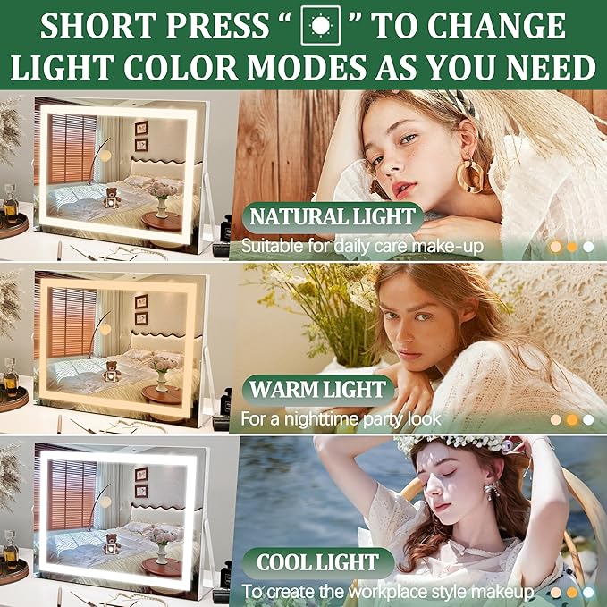 Vanity Mirror with Lights, 14" x 11" LED Makeup Mirror, 3 Modes Light, Smart Touch Control Dimmable, 10X Magnification, 360°Rotation, Square Corner Rectangle, White