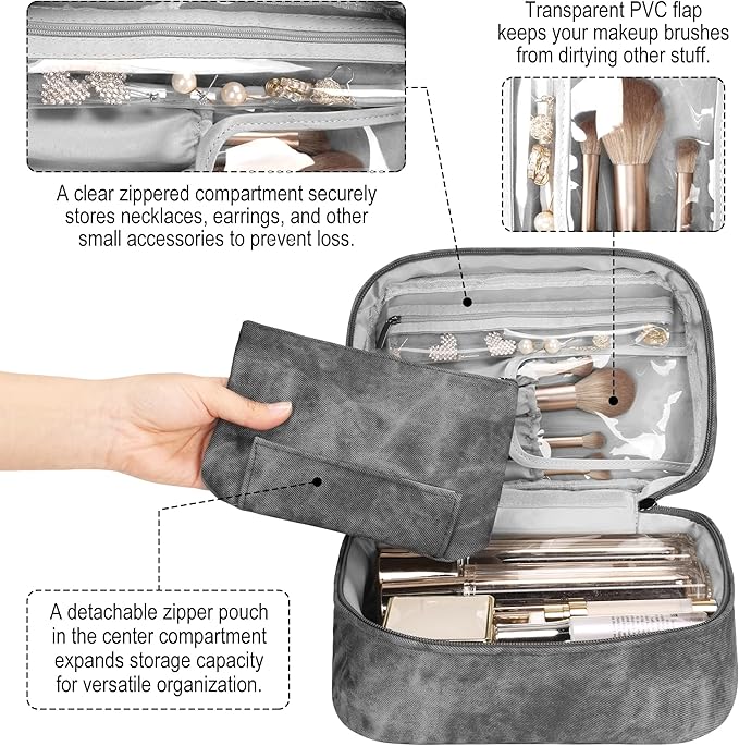 Makeup Bag, Portable Cosmetic Bag, Large Capacity Travel Makeup Case Organizer,Stylish Denim-Look Toiletry Bag for Women Girls With Handle and Removable Pouch