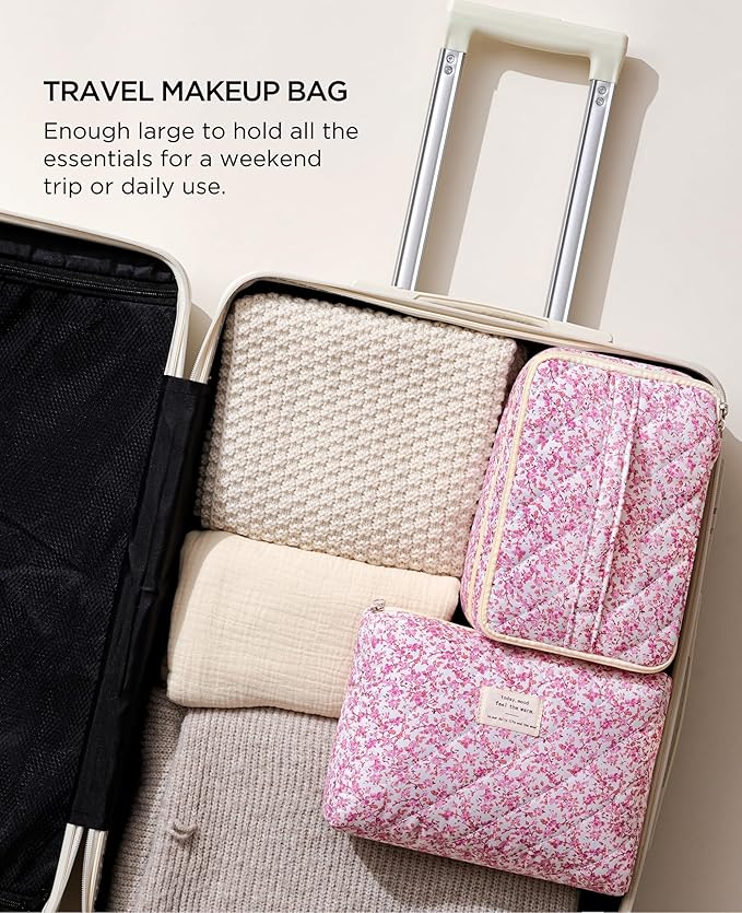 HBselect 2Pcs Travel Makeup Bag, Large Cotton Quilted Makeup Bag Cosmetic Bag Cute Make up Bag Toiletry Bags for Women Girls