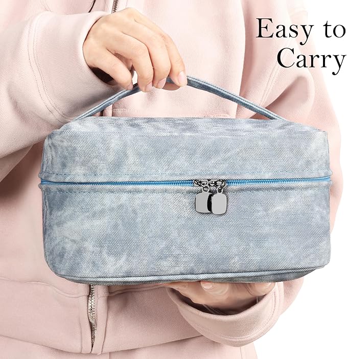 Makeup Bag, Portable Cosmetic Bag, Large Capacity Travel Makeup Case Organizer,Stylish Denim-Look Toiletry Bag for Women Girls With Handle and Removable Pouch
