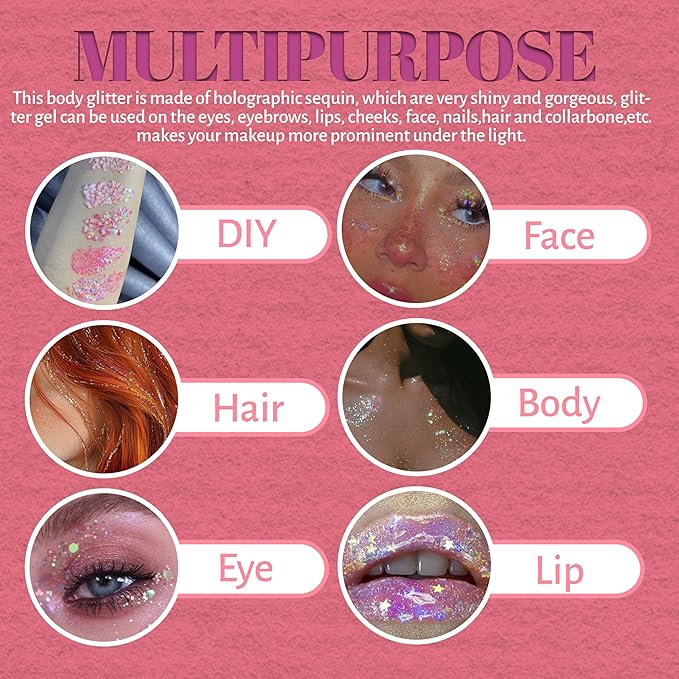 LALACE Face Glitter, Pink Body Glitter Gel - Long-Lasting Holographic Glitter for Hair, Face, Body, Shimmer Eyeshadow, 8PCS DIY Heart Love Temporary Tattoos, Valentine's Day Gifts for Girlfriend