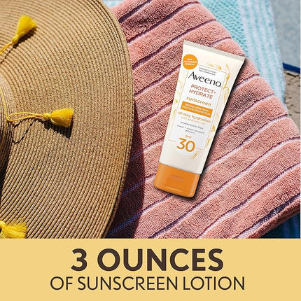 Aveeno Protect + Hydrate Moisturizing Sunscreen Lotion with Broad Spectrum SPF 30 & Prebiotic Oat, Weightless Sweat & Water-Resistant Full Body Sunscreen, Oxybenzone-Free, 3.0 fl. oz