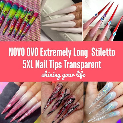 NOVO OVO Halloween Extra Super Extreme Long Stiletto Nail Tips, 5XL XXXXXL Clear Full Cover French Tips False Fake Nail Extension, Sharp Fishbone Arrow Head Nails for Professional 120 pcs 12 Size