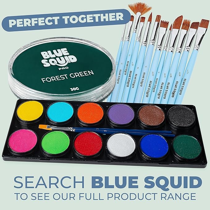 Blue Squid Face Paint Water Based Single Cake Professional Face Paint & Body Paint - Water Activated, Kids Adults Face Painting for Costume, Halloween Makeup, Cosplay - Forest Green Face Paint 30g