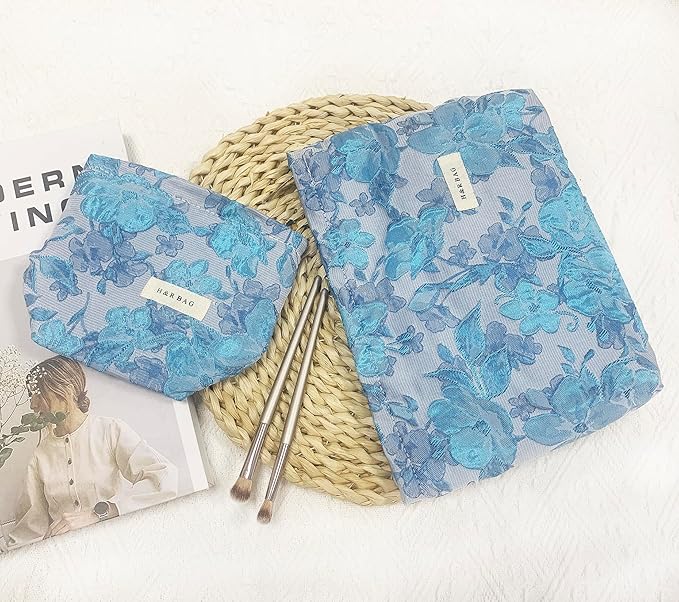 2 Pcs Makeup Bags, Large Cosmetic Bag Travel Toiletry Bag Organizer for Women, Embroidery Craft, Floral Makeup Bag Small Cosmetic Pouch Purse with Zipper Gifts for Girls Teen