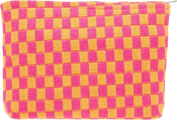 PAZIMIIK Knitted Checkered Makeup Bag Large Zipper Make Up Accessory Pouch for Purse Cosmetic Brush Bag for Travel Red Orange