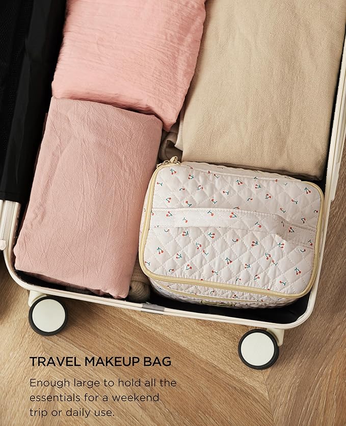 HBselect 2Pcs Travel Makeup Bag, Large Cotton Quilted Makeup Bag Cosmetic Bag Cute Make up Bag Toiletry Bags for Women Girls