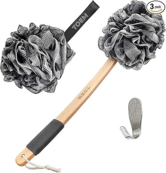 Toem® Loofah Back Scrubber for Shower | Bamboo Charcoal Fiber Infused | Loufas for Men & Women | Includes 1 Long Handled Shower Sponge, 1 Bath & Shower Luffa Pouf & 1 Hook to Hang Stuff (Slate Grey)