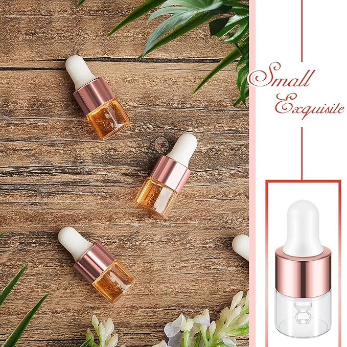 100 Pcs Mini Glass Oil Dropper Bottle Bulk, Clear Essential Small Empty Bottles Sample Containers Perfume Liquid Vials with Cap for Traveling (1 ml,Rose Gold)