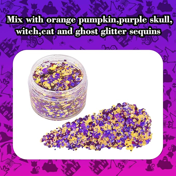 Halloween Face Glitter Gel,Orange Purple Skull Pumpkin Body Glitter Face Paint,Chunky Giltter for Face Body Hair,Kid’s Colorful Shimmering for Party Rave Music Festival Carnival Makeup