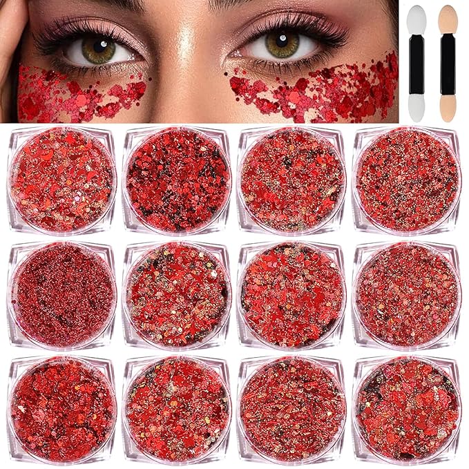 Body Glitter Face Glitter, Hair Glitter for Kids, 12 Shapes Fine Chunky Glitter Gel for Women Girls Makeup Sparkles Party Mermaid Sequins Rave Accessories Singer Concerts Festival (Red Scheme)