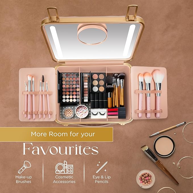 Travel Makeup Case with LED Mirror - Durable Makeup Case with Lighted Mirror with 3 Adjustable Light Settings - Rechargeable Makeup bag with light up Mirror - Mini 10x mirror included