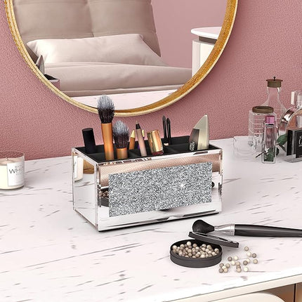 SHYFOY Makeup Brush Holder Organizer with Crushed Diamond 6 Slot Mirrored Make up Cosmetics Organizers and Storage for Vanity Countertop