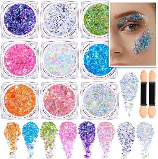 Teenitor Face Glitter, Body Glitter Gel Set, 9 Colors Makeup Gel Glitter for Face and Body, Hair Glitter for Festival Party Cheer