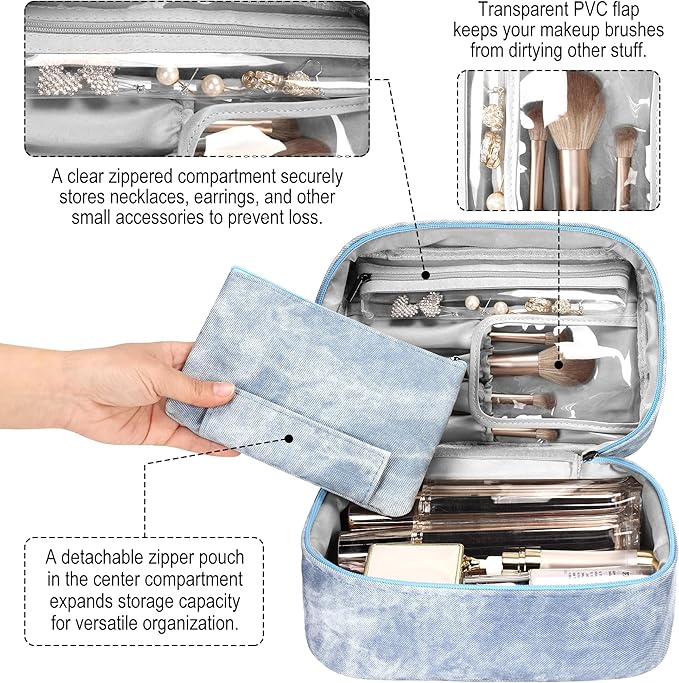 Makeup Bag, Portable Cosmetic Bag, Large Capacity Travel Makeup Case Organizer,Stylish Denim-Look Toiletry Bag for Women Girls With Handle and Removable Pouch