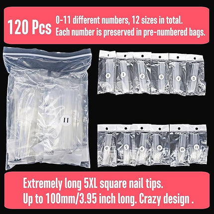 NOVO OVO Extra Super Extreme Long Straight Tapered Square Nail Tips, 5XL XXXXXL Clear Full Cover French Tips False Fake Nail Extension, Coffin Nails for Professional Acrylic, 120 pcs 12 Sizes