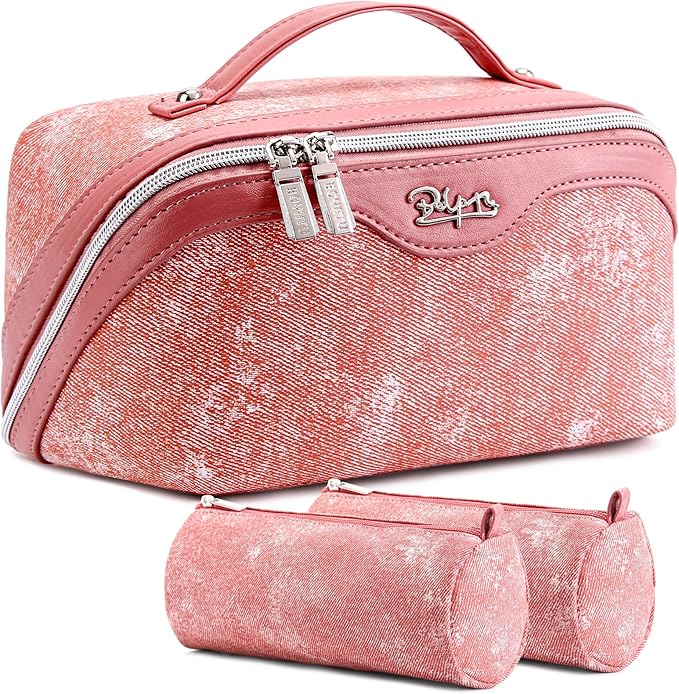 Travel Makeup Bag Cosmetic Bags for Women: 3 Sets Large Capacity Make up Bag - Portable Toiletry Bags with Handle for Women(05-Rosy Red)