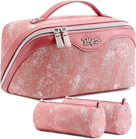 Travel Makeup Bag Cosmetic Bags for Women: 3 Sets Large Capacity Make up Bag - Portable Toiletry Bags with Handle for Women(05-Rosy Red)