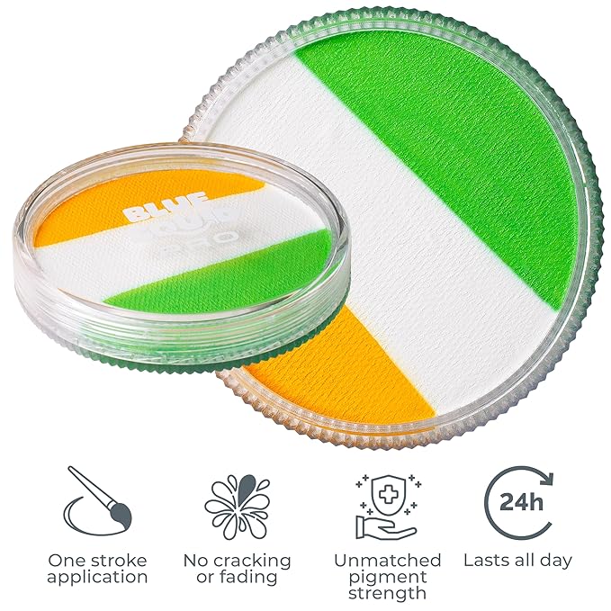 Blue Squid Face Paint Water Based Single Cake Professional Face & Body Paint - Water Activated, Kids Adults Face Painting for Costume, Halloween Makeup, Cosplay - Green, White, & Orange Face Paint 30g